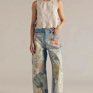 Free People Illusions Relaxed Fit Jeans Patchwork Sky Combo size 28 New with Tag